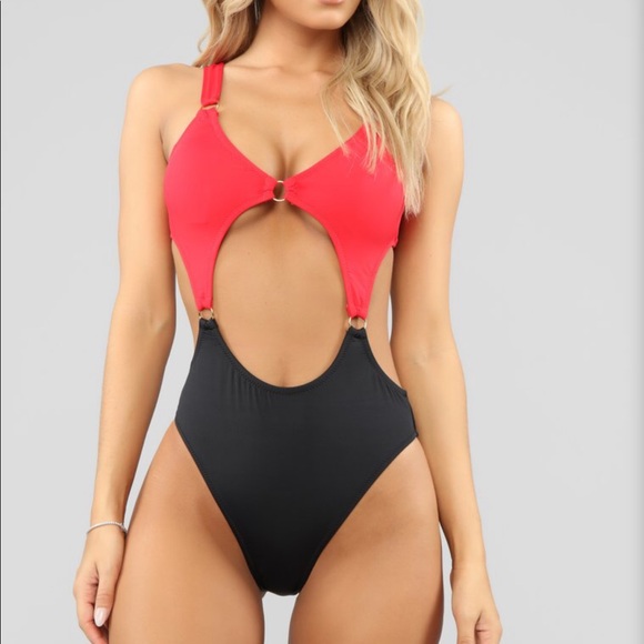 Red and Black Cut Out Swimsuit - Picture 1 of 6